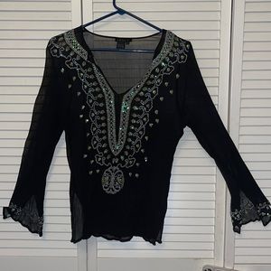 EUC🌻Venus Sheer Black Silk Beaded Blouse Top